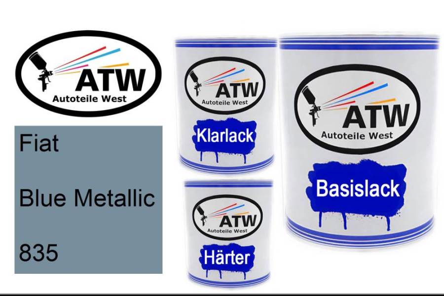 Fiat, Blue Metallic, 835: 1L Lackdose + 1L Klarlack + 500ml Härter - Set, von ATW Autoteile West.